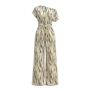 Women's All Over Print Tie Front Wide Leg Jumpsuit, Casual Asymmetrical Neck Batwing Jumpsuit for Spring & Fall, Women's Clothes for Daily Wear
