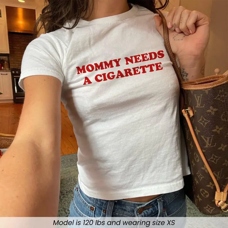 Mommy Needs A Cigarette Baby Tee, Funny Mom Shirt, Retro Smoking Crop Top, Cool Mom Y2K Tee, Sarcastic Graphic Top