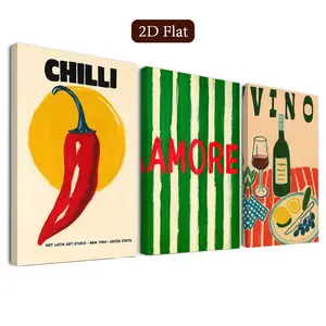3 Piece Chili Theme Framed Art Set, Wine Decorative Style, Amore Canvas Print, Vibrant Home Poster, Classroom Wall Art, Spring Fall Seasonal Art