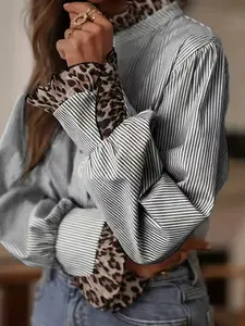 Plus size women's fashionable versatile Long Sleeve striped color-block leopard print stand collar shirt Blouse, suitable for summer, daily work, and casual wear