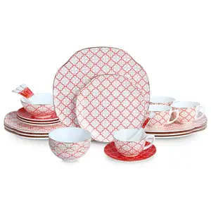 24 Piece Bone china Dinnerware Set for 4,Stoneware Plates and Bowls Sets With exquisite Handmade Red checkered cross pattern,Highly Chip and Crack Resistant | Oven & Dishwasher