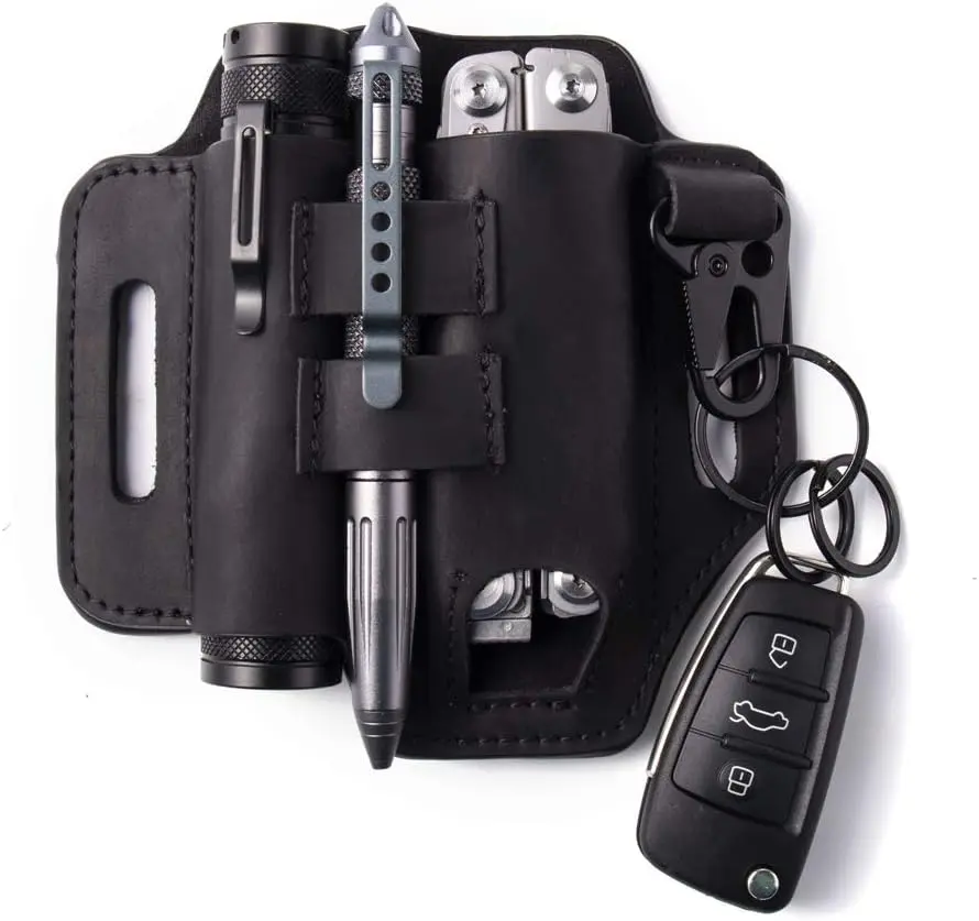 Multitool Belt Sheath, EDC Leather Belt Organizer, Belt Holder with Multitool Pouch, Flashlight Holder, Pen Holder and  Clip, Practical EDC Belt Pouch for Men