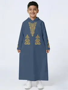 Boys' Blue Baroque Embroidered Hooded Robe, Muslim Long Dress, Middle Eastern Traditional Prayer Clothing, Ethnic Style