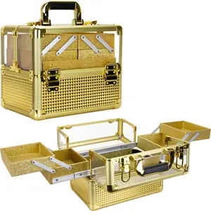 Ver Beauty Armored Acrylic Cosmetic Case Organizer Train Makeup Case with 4 Extendable Trays and Bottom Compartment Key and Lock (Gold Ice Cube)