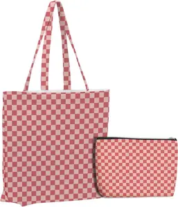 Retro Checkered Canvas Tote Bag Cosmetic Bags Reusable Grocery Bags Makeup Bag Set for Travel Christmas