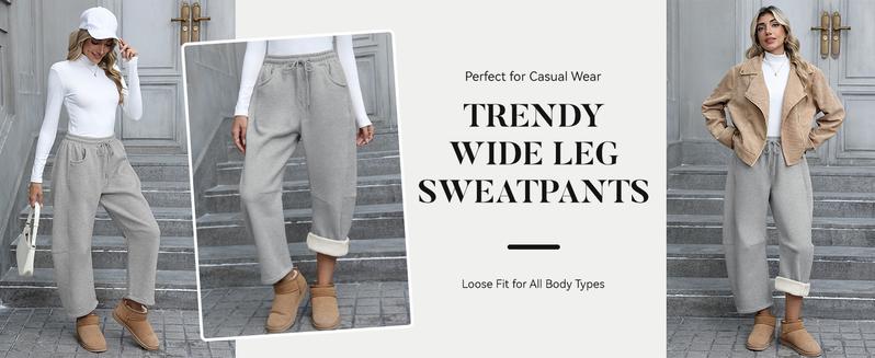 Tanming Women's Barrel Leg Pants Basic or Fleece Lined Elasticated Waist and Soft Wide Leg Pants with Pockets Casual All-Season Sweatpants
