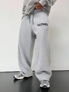 Men's Heather Grey Wide Leg Letter Print Sweatpants | Cozy Drawstring Waist Lounge Pants with California San Francisco Graphic Print | Relaxed Fit Baggy Streetwear for Casual Daily Wear & Weekend Errands