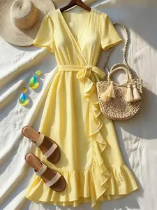 Navy Wrap Dress with Belted Waist & Side Ruffles, Bubble Sleeves, Flowy Chiffon Fabric, Elegant Beach Vacation Style