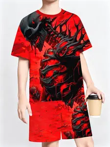 Boys' Dark Skull Mech 3D Printed Short Sleeve T-Shirt Shorts Set, Summer Casual, Slim-Fitting, All over Print, No Zipper