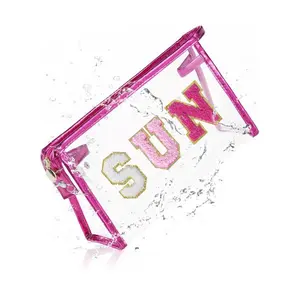 Clear Makeup Bag with Chenille Letter SUN – Waterproof Travel Toiletry Pouch for Women & Teen Girls, Beach Pool Essentials, Summer Accessories, Airplane Cruise Gifts
