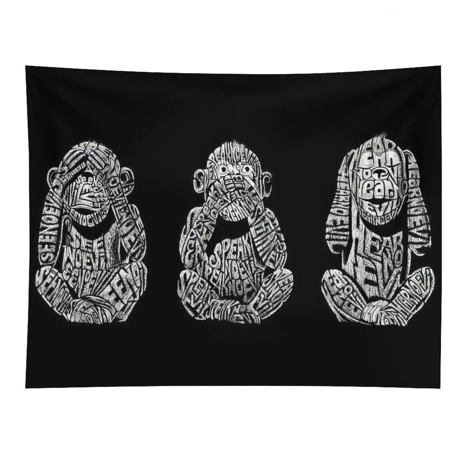 See No Evil Hear No Evil Speak No Evil Three Wise Monkeys Word Art Wall Tapestry Black Background Vintage Typography Wall Hanging Decor for Bedroom Dorm Living Room