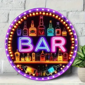 Vintage Neon Bar Light Metal Sign with Colorful Bottle Design Round Aluminum Wall Art for Home Pub Cafe Led Neon Lights Led Home Decor