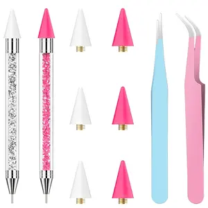 Rhinestone Picker Tool 2 Wax Pencil for Rhinestones Dual-Ended Rhinestone Applicator Wax Pen Gem Picker with 6 Extra Wax Tips and 2 Tweezers (Pink+White)