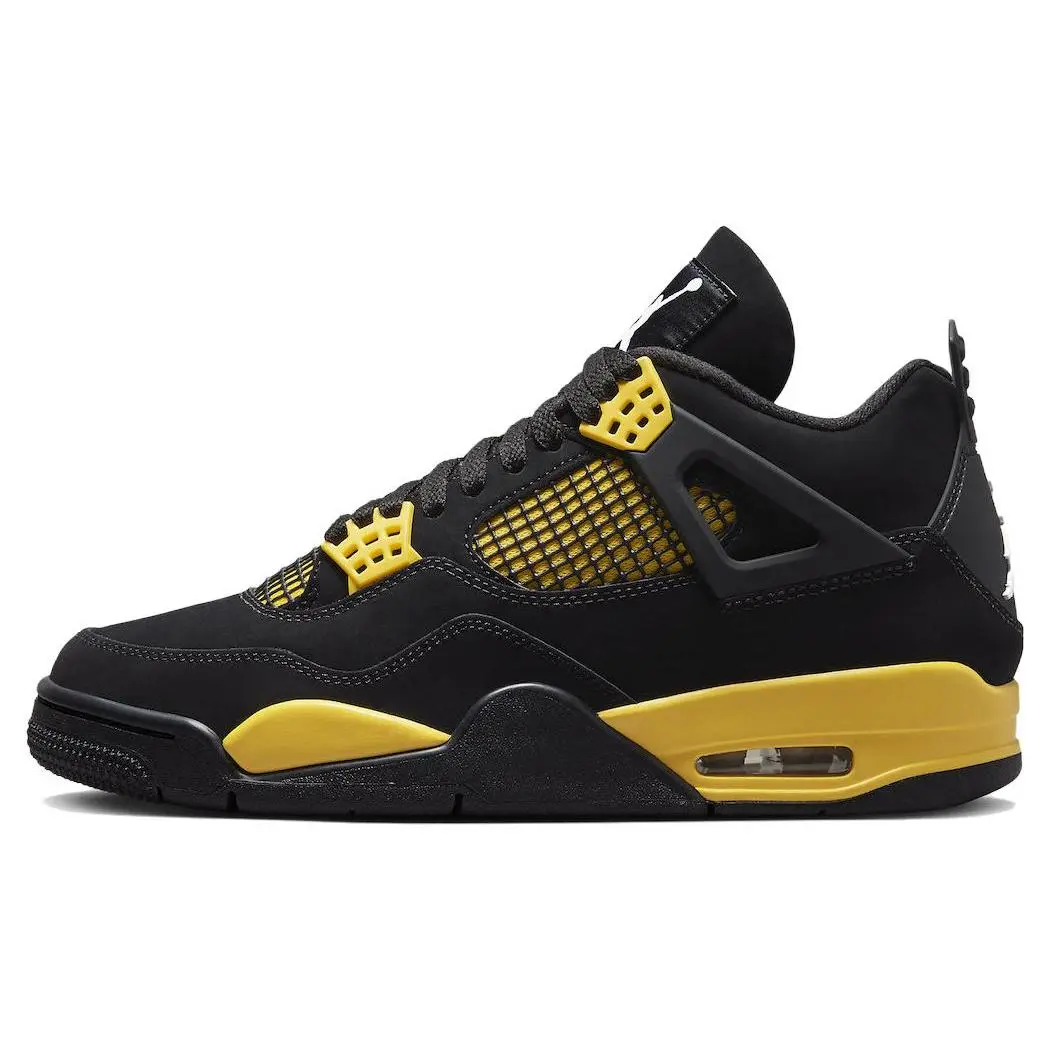 Unisex Jordan 4 Retro Thunder 2023 Lace-Up Mid-Top Basketball Shoes, Black-Tour Yellow, Style DH6927-017