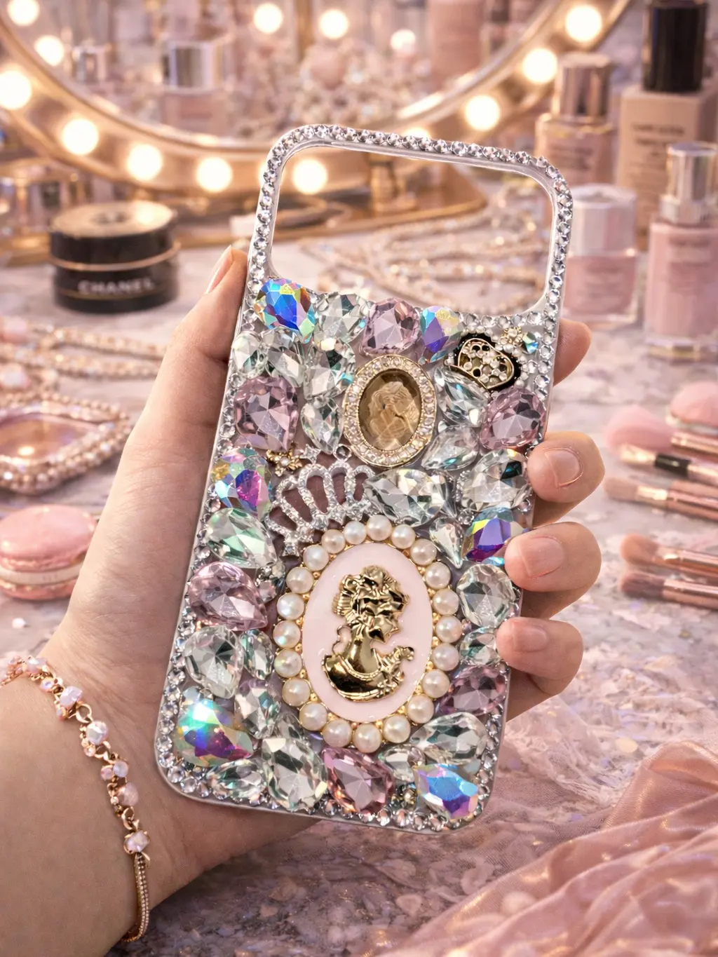 Luxury 3D Rhinestone Cameo Phone Case - Vintage Coquette Style Jewel Cover - Handmade Crystal Bling Case for iPhone 17 pro Max