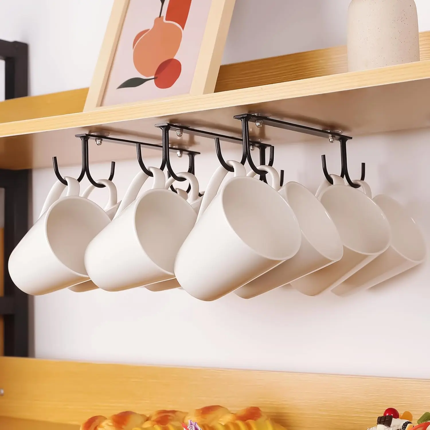 Mug Hooks Under Cabinet,3 Pieces Under Cabinet Mug Holder,Under Shelf Mug Organizer Rack with 12 Hooks,Display Hanging Storage Hook for Mugs/Coffee Cups/Kitchen Utensils, Black