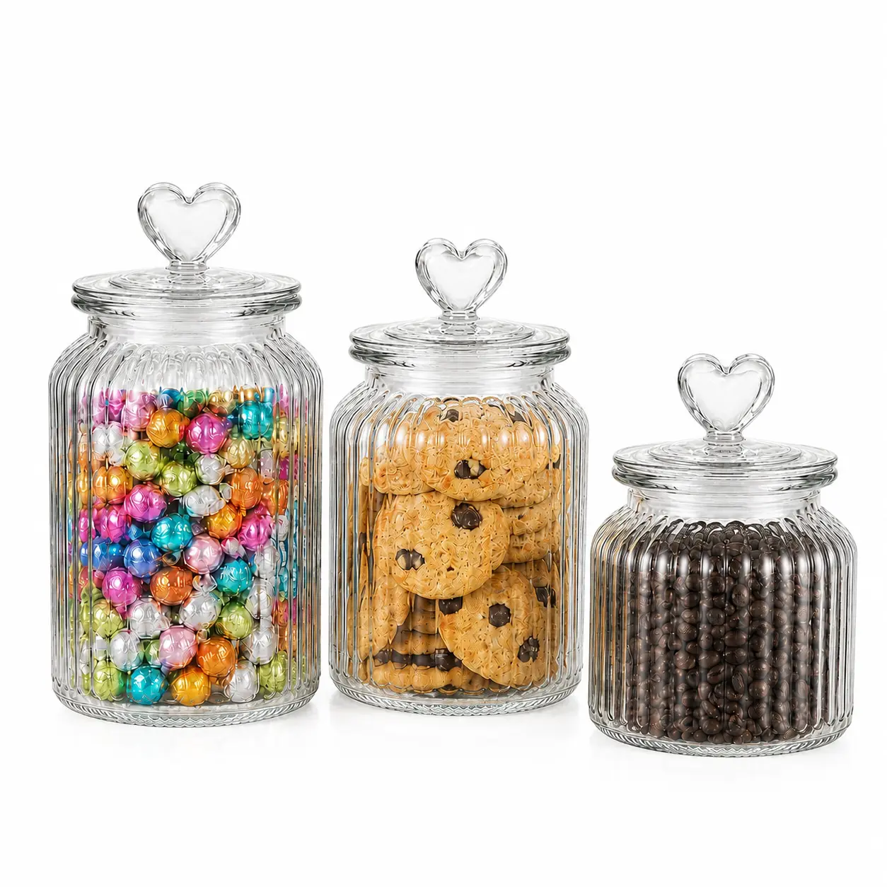 3-Piece Ribbed Glass Storage Jar Set with Heart-Shaped Lids, Clear Candy and Cookie Canisters for Coffee Beans, Tea, Snacks, Kitchen Countertop and Bathroom Organization