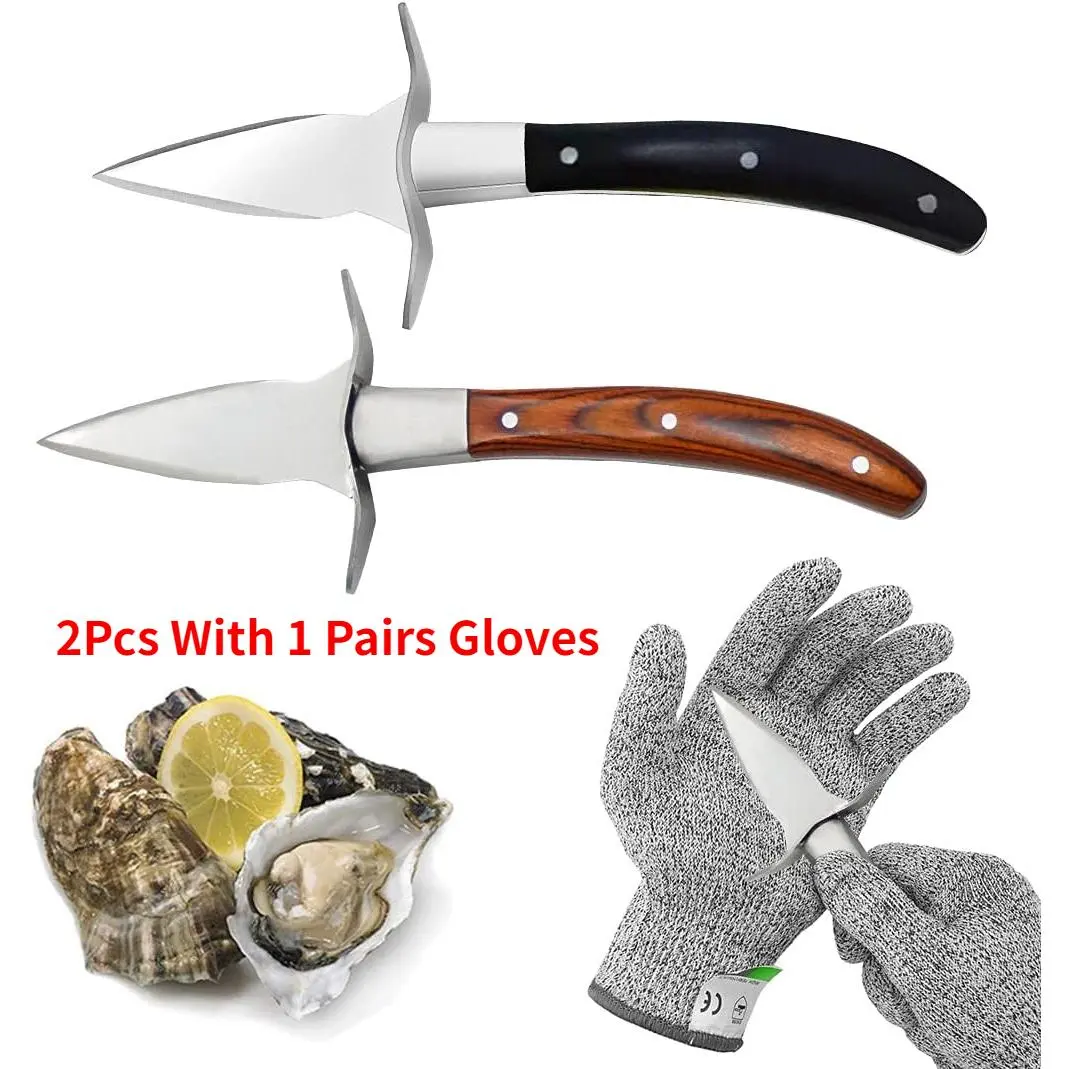 2Pcs Oyster Shucking Knife,Oyster Shucker Sturdy Sharpness Oyster Knife With Comfort Wood-handle,Oyster Shucking Kit With 1 Pairs Of Level Cut-resistant Gloves(L) For Oyster Clam Blade Kitchen Stainless Steel