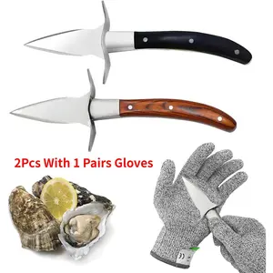 2Pcs Oyster Shucking Knife,Oyster Shucker Sturdy Sharpness Oyster Knife With Comfort Wood-handle,Oyster Shucking Kit With 1 Pairs Of Level Cut-resistant Gloves(L) For Oyster Clam Blade Kitchen Stainless Steel