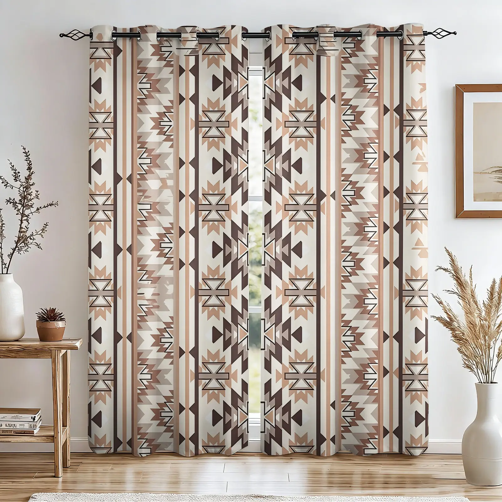 American Western Style Morandi Navajo Geometric Print Boho Blackout Curtains, Home Decorative Curtain, 2-Piece Set, No-Hole Ring Design, Washable Fabric, Bedroom Living Room Office Heat Insulation, UV Protection, Multifunctional Home Decor Window Curtain