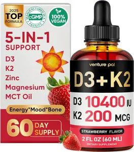Venture Pal 5-in-1 Vitamin D3 10000 IU & K2 as MK-7 200mcg with Magnesium, MCT Oil, Zinc, Sugar-Free Vitamin D Liquid |Maximum Absorption for Bone, Mood & Immune Health - 2 FL OZ, 67 Days