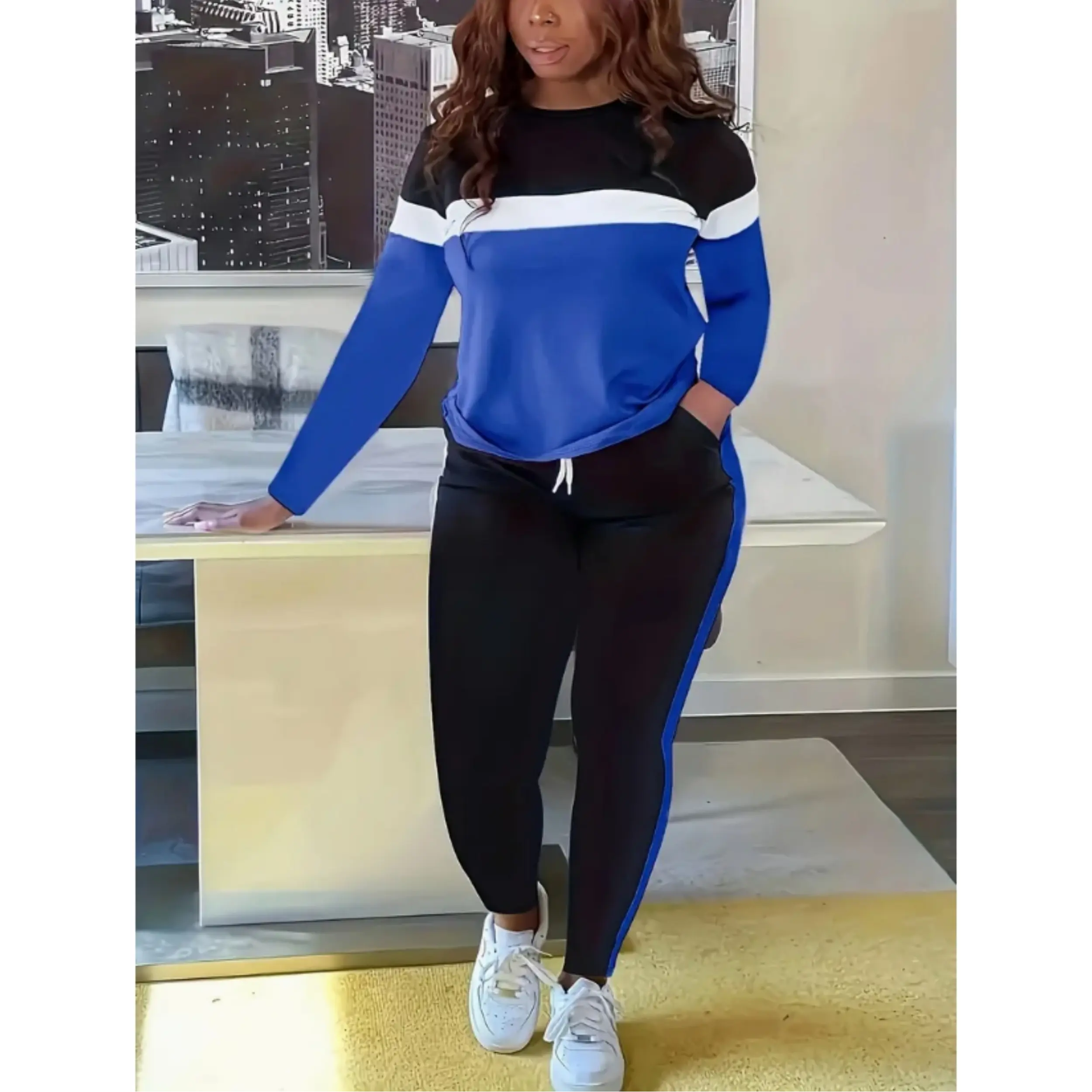 Two-Piece Color Block Casual Set with Round Neck Long Sleeve Top and Drawstring Pants, Matching Spring Fall Coordinated Outfit for Daily Lounge Streetwear, coordinated look effortless pairing curated combination
