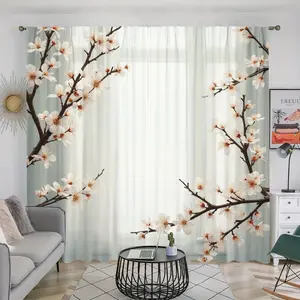 2Pcs Cherry Blossom Printed Curtains, Japanese Sakura Floral Design, Rod Pocket Style, Semi Sheer Polyester Fabric, Elegant Asian Botanical Pattern, Suitable for Living Room Bedroom Balcony Kitchen Study Window Decoration, Easy Care, Privacy