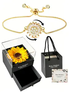 Rotatable Sunflower Bracelet with Gift Box, crystal-embellished adjustable chain, gold-plated, comes with preserved sunflower display box, perfect gift for her on birthdays, Mother’s Day, symbolizing joy and positivity, daily wear or gifting