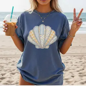 PRINTED Patchwork Seashell Comfort Colors Shirt, Beachy Graphic Tee, Funny Meme Shirt, Coastal Beach Apparel, Vintage Stamp Cute Summer Vacation Outfit, Party Trip Clothes, Sea Lovers Shirt, Preppy Aesthetic Top Apparell Gift for Girl Women Mom Her
