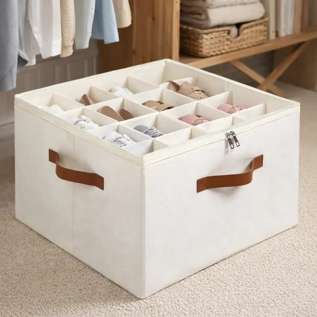 Closet Shoe Organizer with Clear Lid, Large Oxford Fabric Storage Box with 16 Adjustable Compartments, Reinforced Side Panels, Zipper Closure and 3 Carry Handles, Foldable Dustproof Shoe Bin for Sneakers, Sandals, Flats, Bedroom, Entryway and College Dorm
