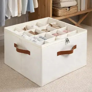 Fabric Shoe Storage Bin for Closet, Adjustable 16-Compartment Organizer Box with Clear Lid, Holds 8-16 Pairs of Shoes, Durable Oxford Fabric with Reinforced Handles, Easy Access Zipper, Perfect for Dorm Rooms, Entryways, Bedroom, and Living Rooms