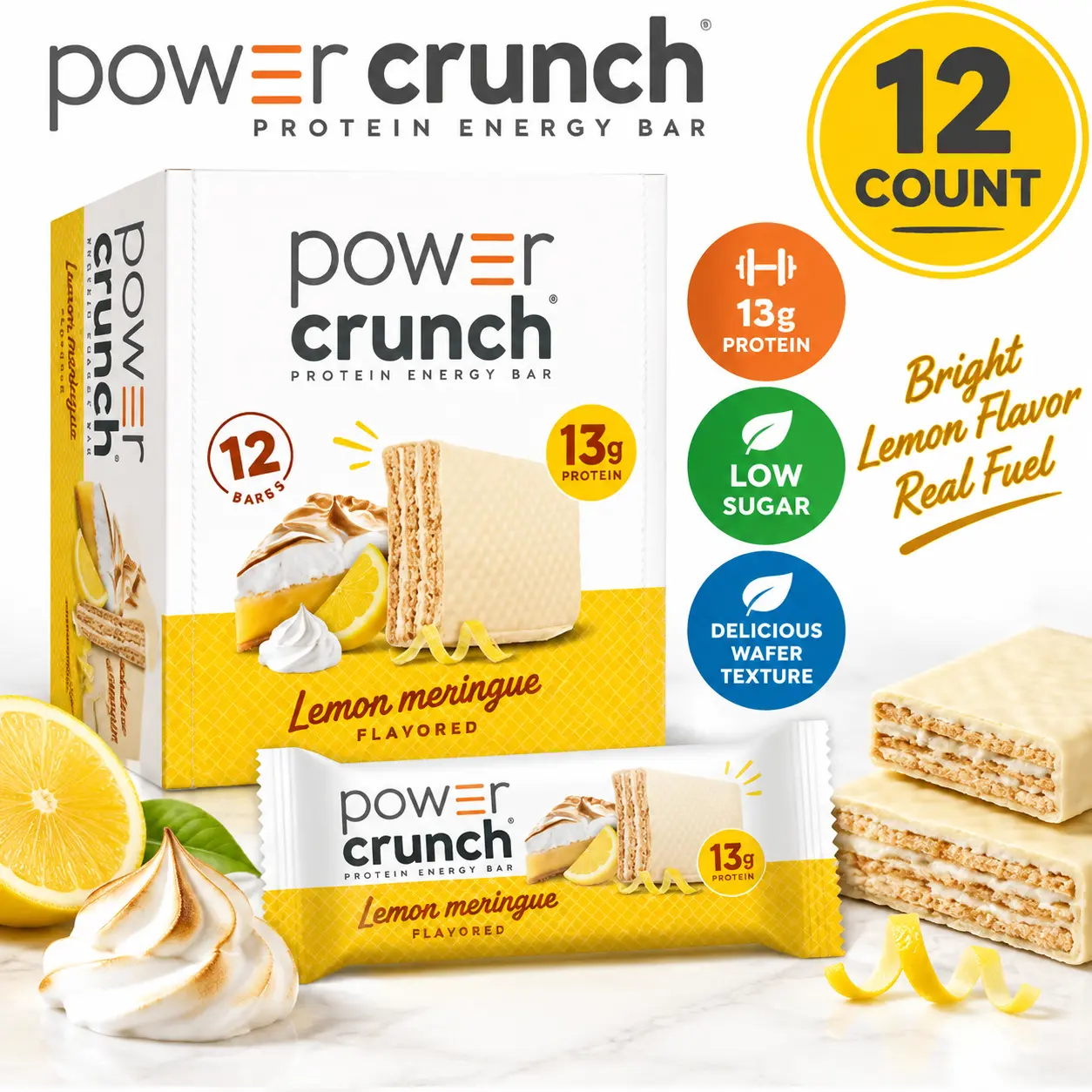 Power Crunch Protein Wafer Bars Lemon Meringue 1.4 oz 12 Count Lemon Protein Snack Bars
