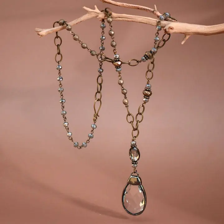 Boho Long Beaded Chain Link Necklace, Glass Crystal Teardrop Pendant