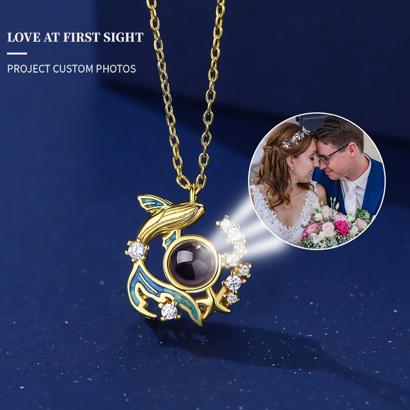 L&M Photo Customized Necklace - Korean Unisex Adults Pendant for Chain, "I Love You" Projection, Whale Fall Zircon, Original Niche Design, 100lang Love Msg, 4 Days Delivery, Custom Content (Contact Us), Daily Wear Gift