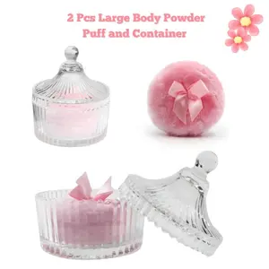 2 Pcs Large Body Powder Puff and Powder Container with Puff Crystal Case, Soft Washable Reusable Velour Face Body Glitter Wet Dry Makeup, for Bath and Travel