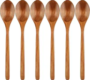 6 Pcs Wooden Spoons, 9 Inch Wood Soup Spoons for Cooking Mixing Eating,Oval Long Handle Spoon for Tea Jam Coffee Sugar Ice Cream and Bath Salts