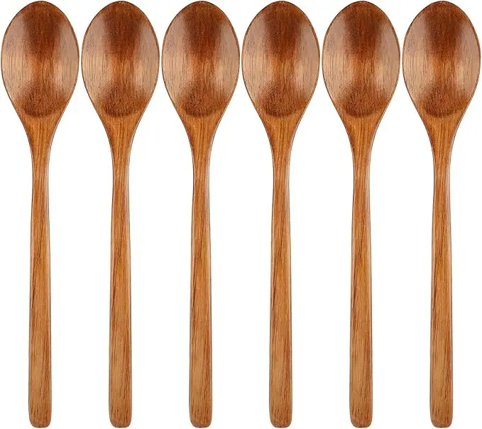 6 Pcs Wooden Spoons, 9 Inch Wood Soup Spoons for Cooking Mixing Eating,Oval Long Handle Spoon for Tea Jam Coffee Sugar Ice Cream and Bath Salts