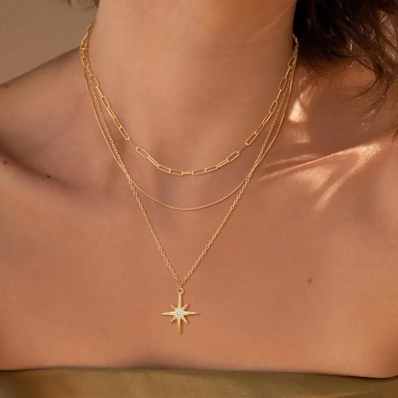 VENOCO Layered Gold Necklace Set for Women - 3-Piece 14K Gold Plated Adjustable Layering Chains with Paperclip, Box Chain & CZ Star Pendant, Daily Casual Elegant Trendy Jewelry Gift Box