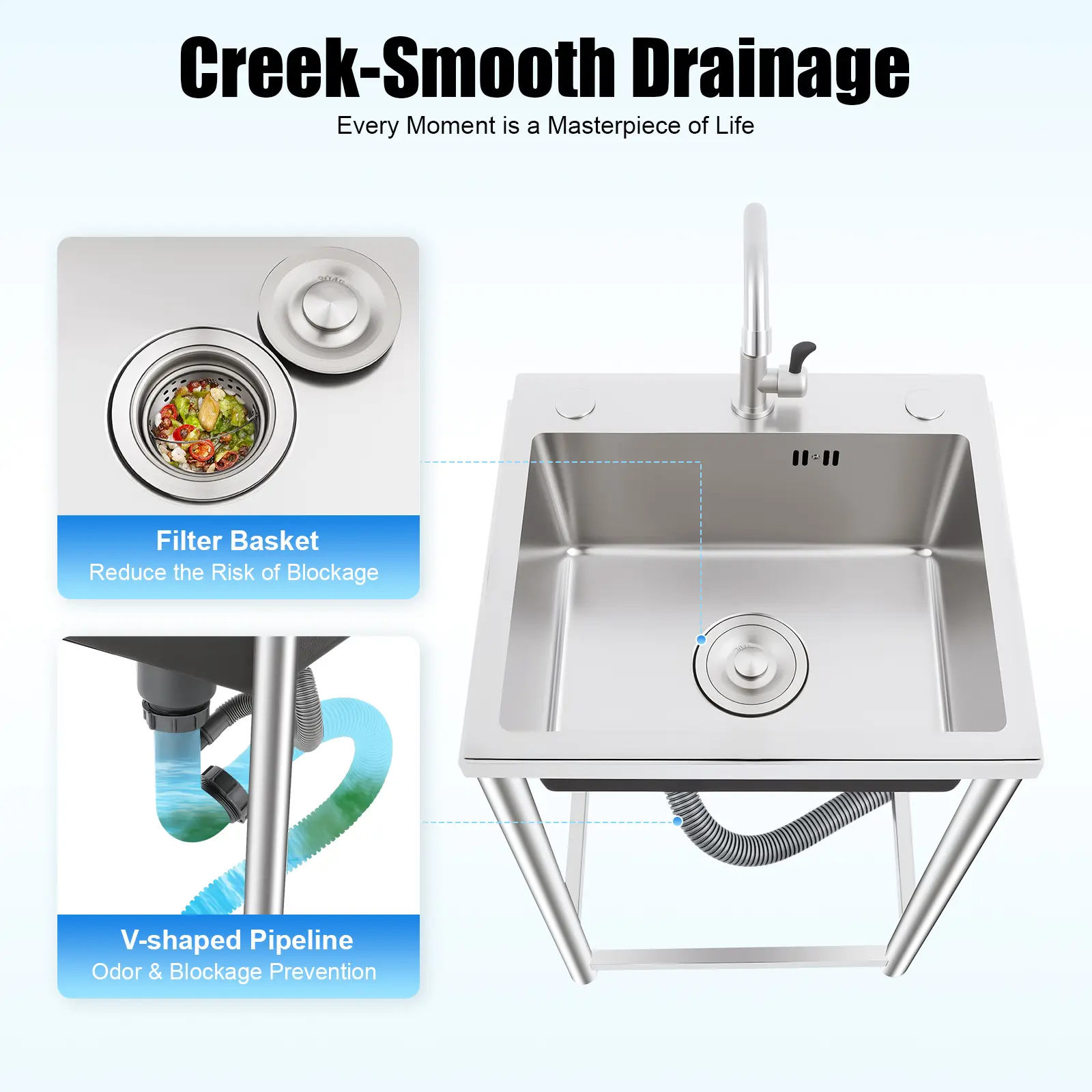 Portable Stainless Steel Kitchen Sink Workstation with Faucet, Freestanding Installation for Home Dish Washing & Vegetable Cleaning