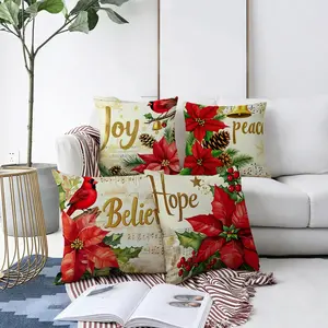 Christmas "Joy" Themed Pillow Cover, Multiple Specifications Available, Multi - Color, Featuring Cardinal, Poinsettias & Pine Elements, Ideal for Holiday Home Decor, Warm Festive Atmosphere Creation