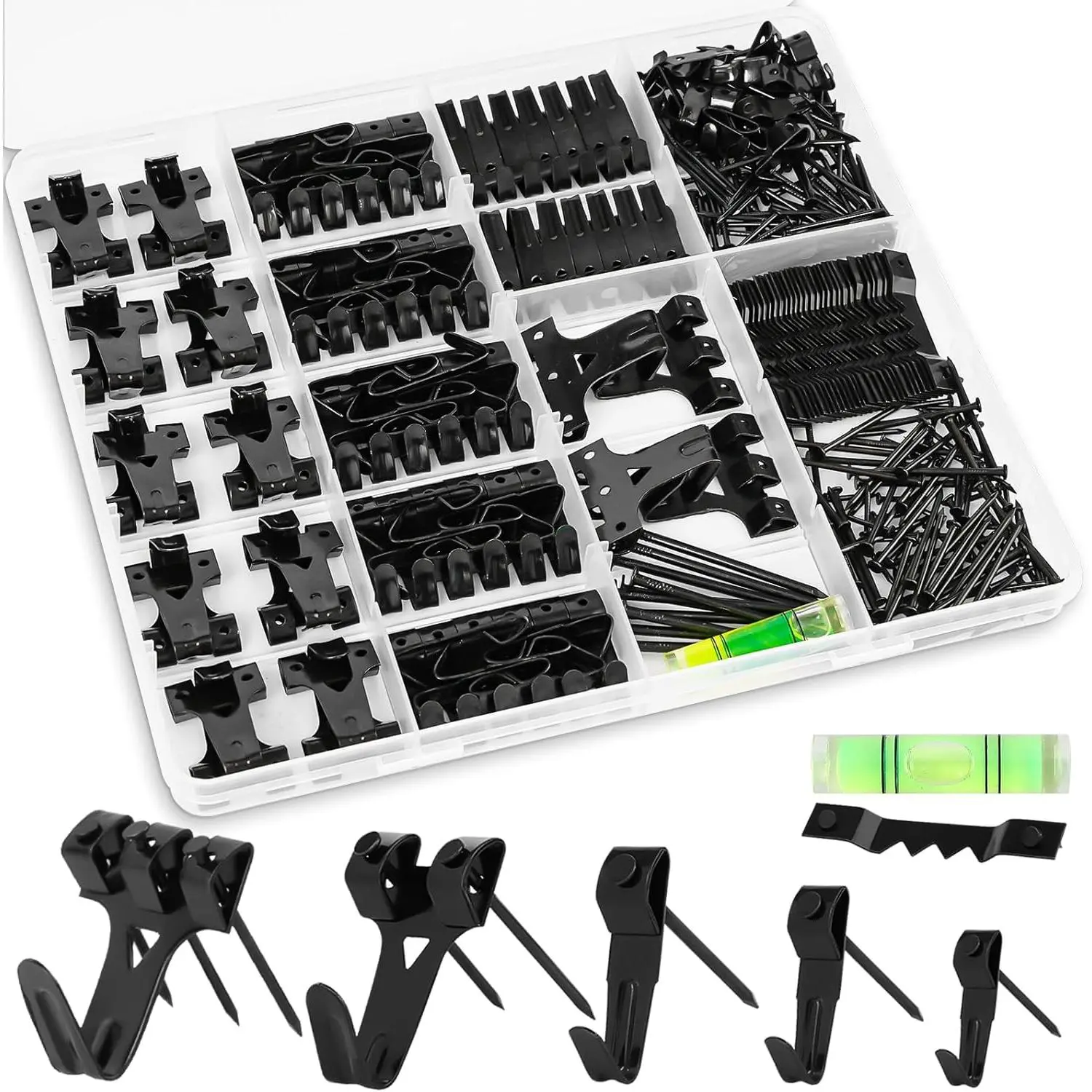 Picture Hangers, 385 count Picture Hanging Kit with Heavy Duty Picture Hanging Hooks, Sawtooth, Hardware Nails and Picture Hanging Tool, Wall Hangers for Frame, Painting, Art, Photo (Black)