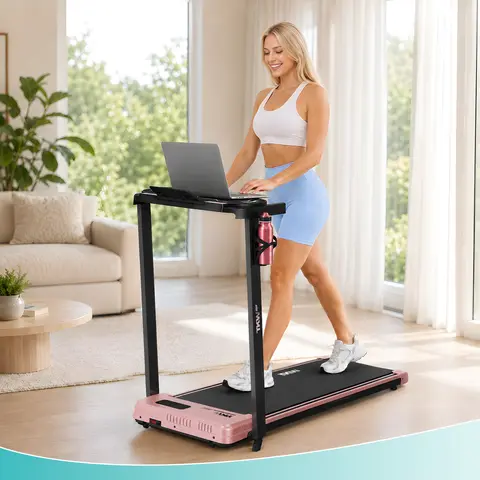 TKW 3-in-1 Compact Walking Pad - Pink Adjustable Under Desk Treadmill, Space-Saving Lightweight Design, High Capacity, Low-Noise Motor, Remote Control, Wheels for Easy Mobility, LED Display, with Handle