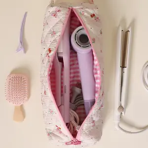 Floral Plaid Bow Leopard Print Hair Dryer Curling Iron Storage Bag, Board Storage Pouch, Small Floral Quilted Organizer, Beauty Tool Bag