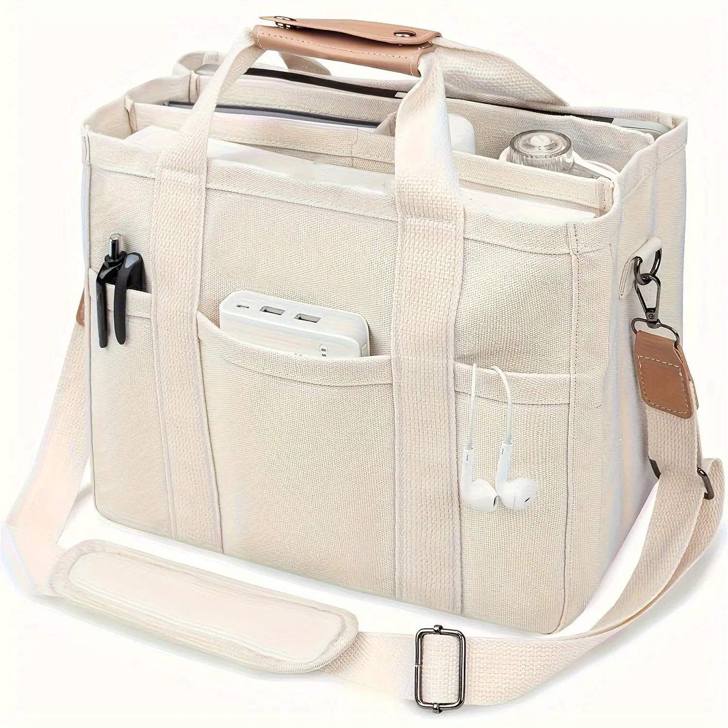 Canvas Tote Bag with Multi Pockets, Crossbody Tote Bag for Women, Shoulder Handbag, Everything Tote Bag with Compartments, Sling Purse, Lightweight Crossbody Bag, Travel Essentials, Canvas Sling Pack