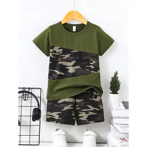 Outdoor games|Boys' Casual Camouflage Green Patchwork Short Sleeve T-Shirt and Shorts Set - Comfortable Knitted Fabric, Crew Neck, Opaque, Suitable for Summer, Everyday Teen Clothing|Camouflage Pattern Clothing|Comfortable fit, perfect for outdoor use