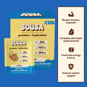 Sousa Protein + Hydration Powder Drink Mix, 14 Packets, Choose Between 3 Flavors (Vanilla, Strawberry Milkshake, Salted Caramel), 20g Whey Protein + 1500mg Electrolytes, 14 Count, Fitness & Recovery Support, Muscle Recovery & Hydration Formula