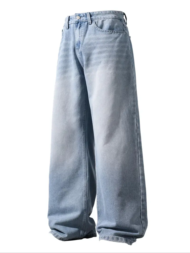 Men's Solid Color Denim Jeans, Loose Casual Comfy Wide Leg Trousers for Daily Wear, Woven Bottoms for All Seasons, Jean Pants Bottoms