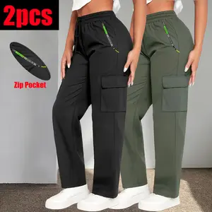 2-Pack Women’s Cargo Wide-Leg Pants with Zipper Pockets, High Elastic Waist, Drapey Casual Style, Anti-Loose Item Design, Straight-Cut Athletic Pants Bottoms Womenswear Basic Minimalist Trouser
