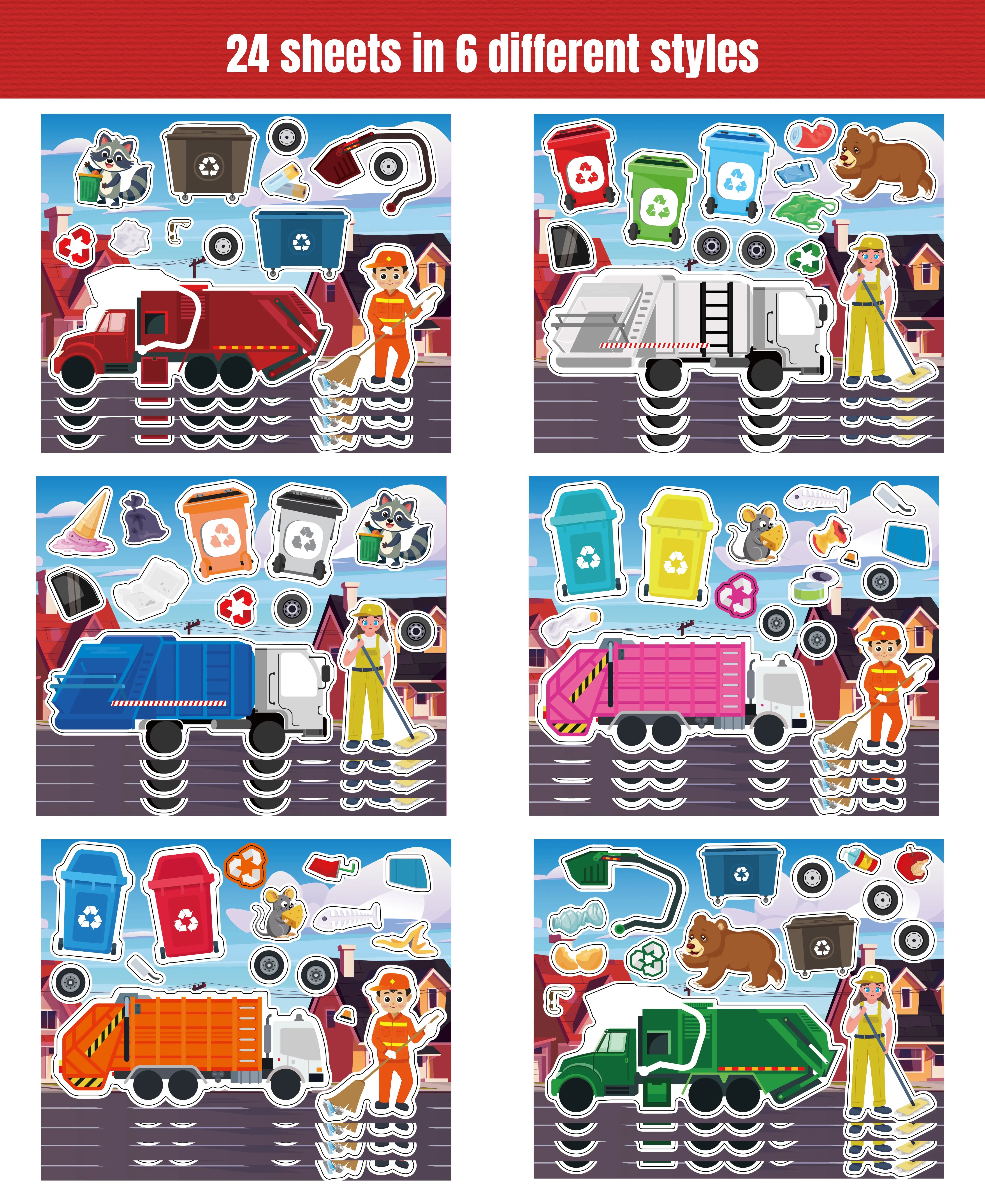 Garbage Truck Sticker Sheets - 24 PCS Mix-and-Match Play Set for Kids - Trash Bash Party Favors - Make Your Own Garbage Truck - 6 Variations - Vehicle Sticker Activity Craft Kit