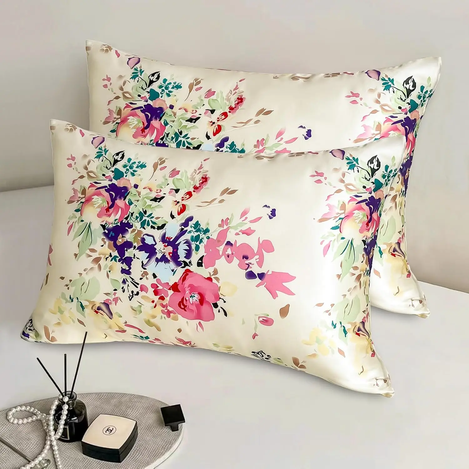 Pure Mulberry Silk Pillowcase Set of 2 Standard Size with Zipper,Real Silk Pillow Cases for Hair and ,Soft and Cooling,Both Sides  Slip Silk,Floral Print,2Pack (20"x26",Pattern1)